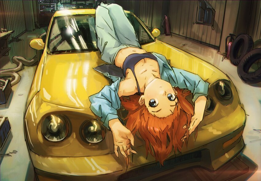 1girl absurdres aqua_pants aqua_shirt black_shoes black_sports_bra blue_eyes breasts car cleavage closed_mouth collarbone commentary crossed_legs english_commentary fire_extinguisher full_body garage hand_in_own_hair highres honda_integra indoors letro looking_at_viewer lying medium_breasts medium_hair motor_vehicle navel on_back on_car open_clothes open_shirt original pants poster_(object) red_hair shirt shoes solo spare_tire sports_bra unused_tire yellow_car