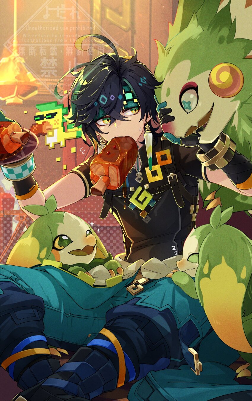 1boy ajaw_(genshin_impact) black_gloves black_hair black_shirt boots closed_eyes commentary_request earrings eating fangs flying_sweatdrops food genshin_impact gloves green_eyes green_hair headband highres holding itsumono_katze jewelry kinich_(genshin_impact) male_focus meat mouth_hold multicolored_hair open_mouth pants shirt short_sleeves sitting skin_fangs sleeping sparkle sweat watermark yellow_eyes yumkasaurus_(genshin_impact) zzz