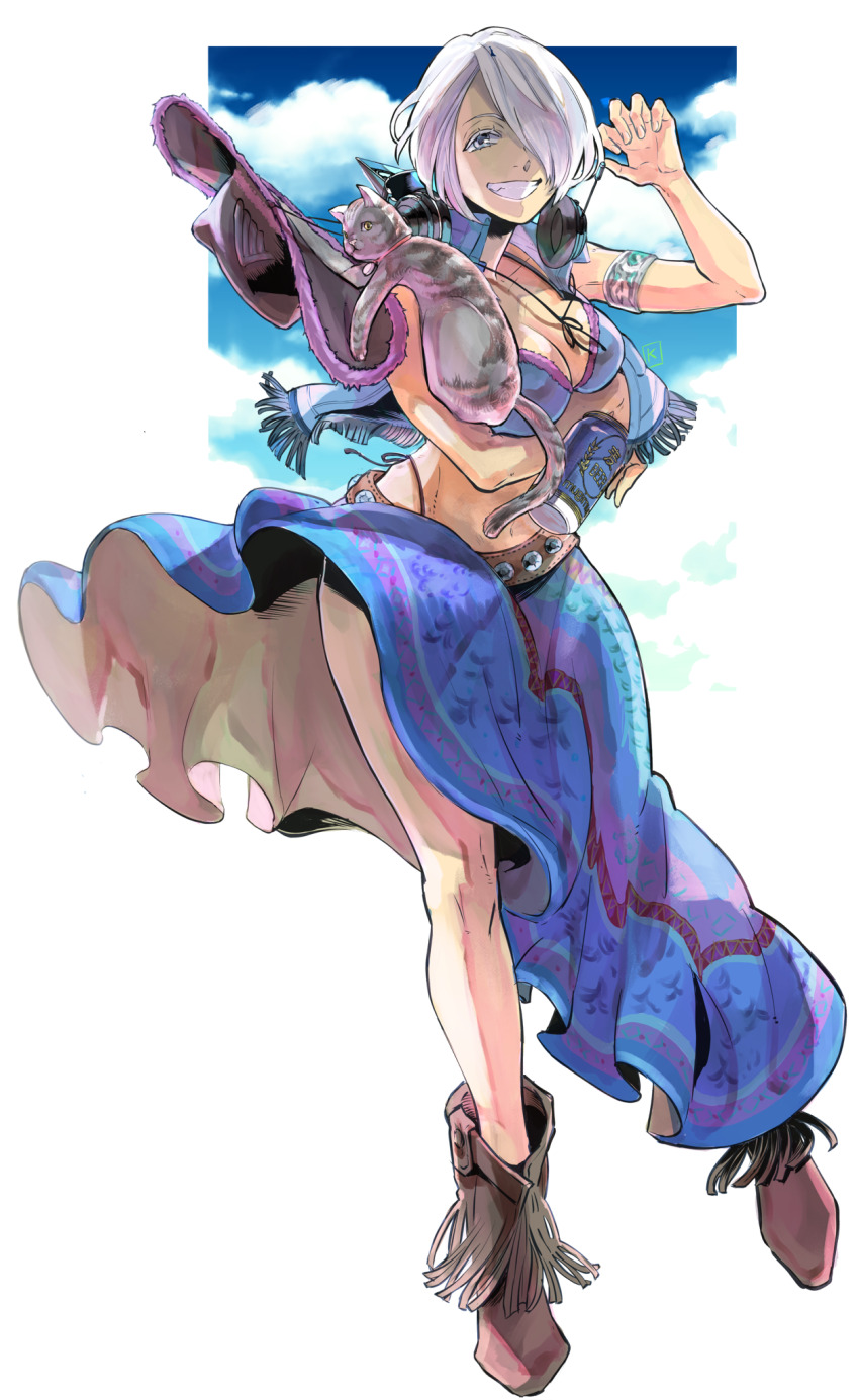 1girl alcohol angel_(kof) beer_can boots breasts can cat cowboy_boots cowboy_hat cropped_jacket drink_can g-string hair_over_one_eye hat headphones headphones_around_neck highleg highleg_panties highres kakino_subaru large_breasts looking_at_viewer mexican_clothes mexican_dress mexico official_alternate_costume panties short_hair simple_background skirt smile solo sombrero string_panties the_king_of_fighters thong underwear white_hair