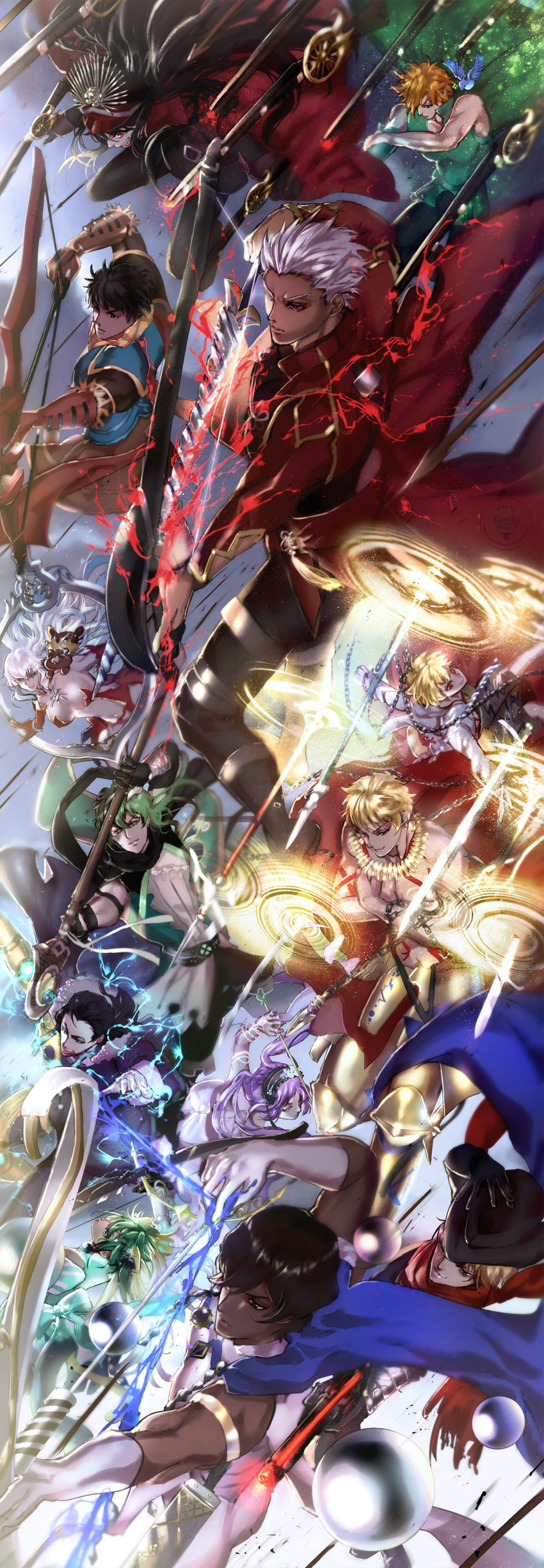 10s 3girls 6+boys absurdres arash_(fate) archer_(fate) arjuna_(fate) arjuna_(third_ascension)_(fate) arrow_(projectile) artemis_(fate) artemis_(third_ascension)_(fate) atalanta_(fate) bad_id bad_pixiv_id billy_the_kid_(fate) bow bow_(weapon) caladbolg_(fate) chain child_gilgamesh_(fate) dark-skinned_male dark_skin david_(fate) david_(fate/apocrypha) david_(third_ascension)_(fate) enkidu_(weapon)_(fate) euryale_(fate) fate/apocrypha fate/extra fate/grand_order fate/hollow_ataraxia fate/prototype fate/prototype:_fragments_of_blue_and_silver fate/stay_night fate_(series) gate_of_babylon_(fate) gilgamesh_(fate) gun highres koha-ace kouya_(kyk428) md5_mismatch multiple_boys multiple_girls nikola_tesla_(fate) oda_nobunaga_(fate) oda_nobunaga_(koha-ace) orion_(bear)_(fate) rifle robin_hood_(fate) staff trait_connection weapon