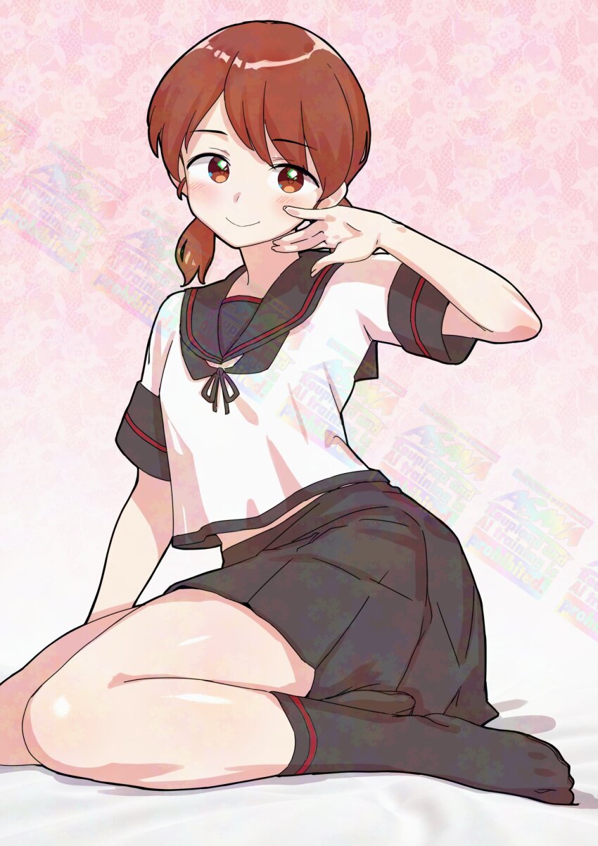 1girl adversarial_noise asava_(hutaitenn) black_sailor_collar black_skirt brown_eyes brown_hair highres kantai_collection looking_at_viewer low_twintails pink_background sailor_collar school_uniform serafuku shirayuki_(kancolle) shirayuki_kai_ni_(kancolle) shirt sitting skirt smile solo twintails white_shirt