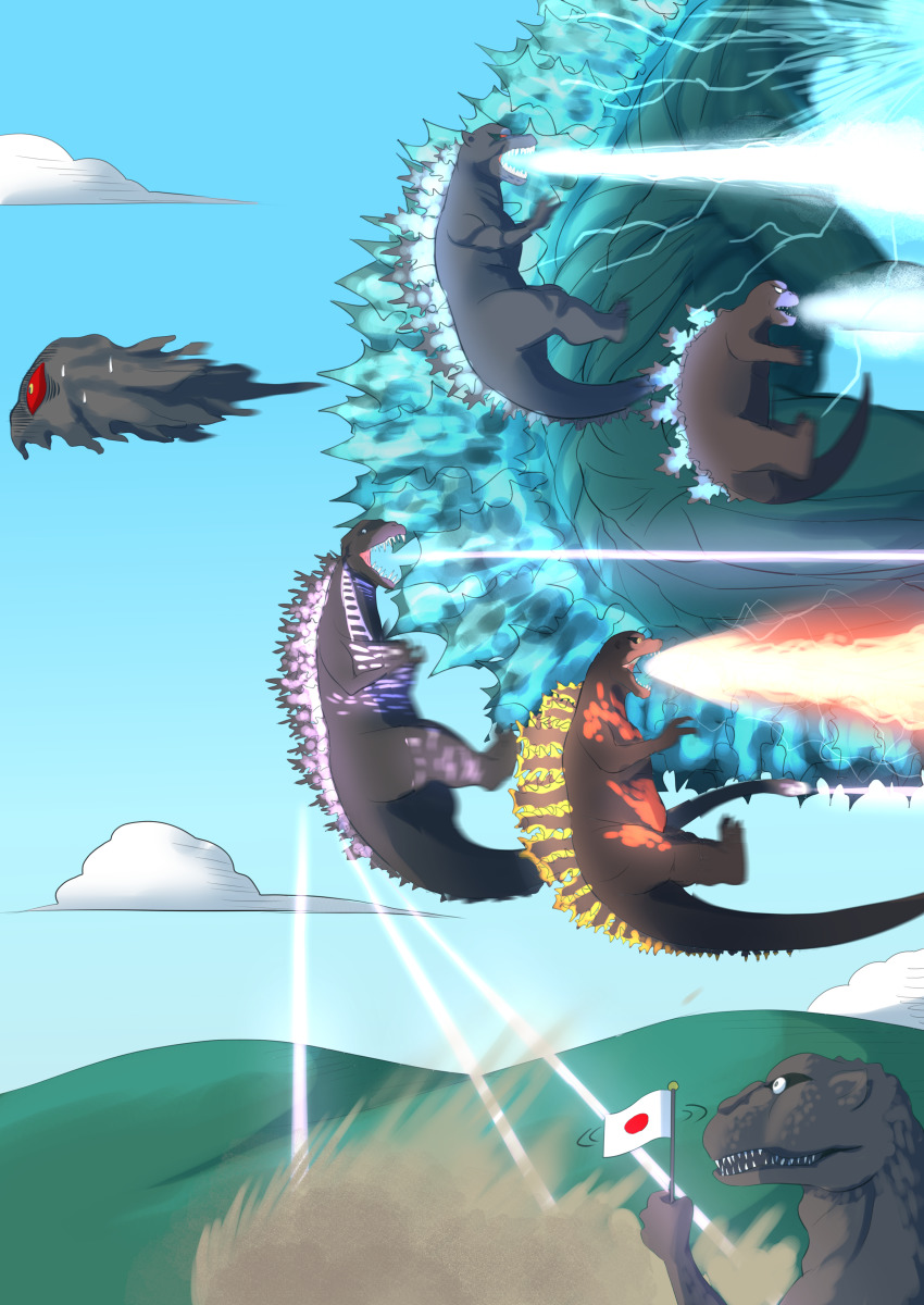 absurdres alien alternate_form atomic_breath breath_weapon burning_godzilla cloud dinosaur energy energy_beam flag flying giant giant_monster glowing godzilla godzilla:_final_wars godzilla:_planet_of_the_monsters godzilla_(1954) godzilla_(series) godzilla_(shin) godzilla_earth godzilla_vs._destoroyah godzilla_vs._hedorah hedorah highres kaiju looking_at_another misma monster mouth_beam multiple_persona no_humans plasma red_spiral_ray sharp_teeth shin_godzilla teeth what