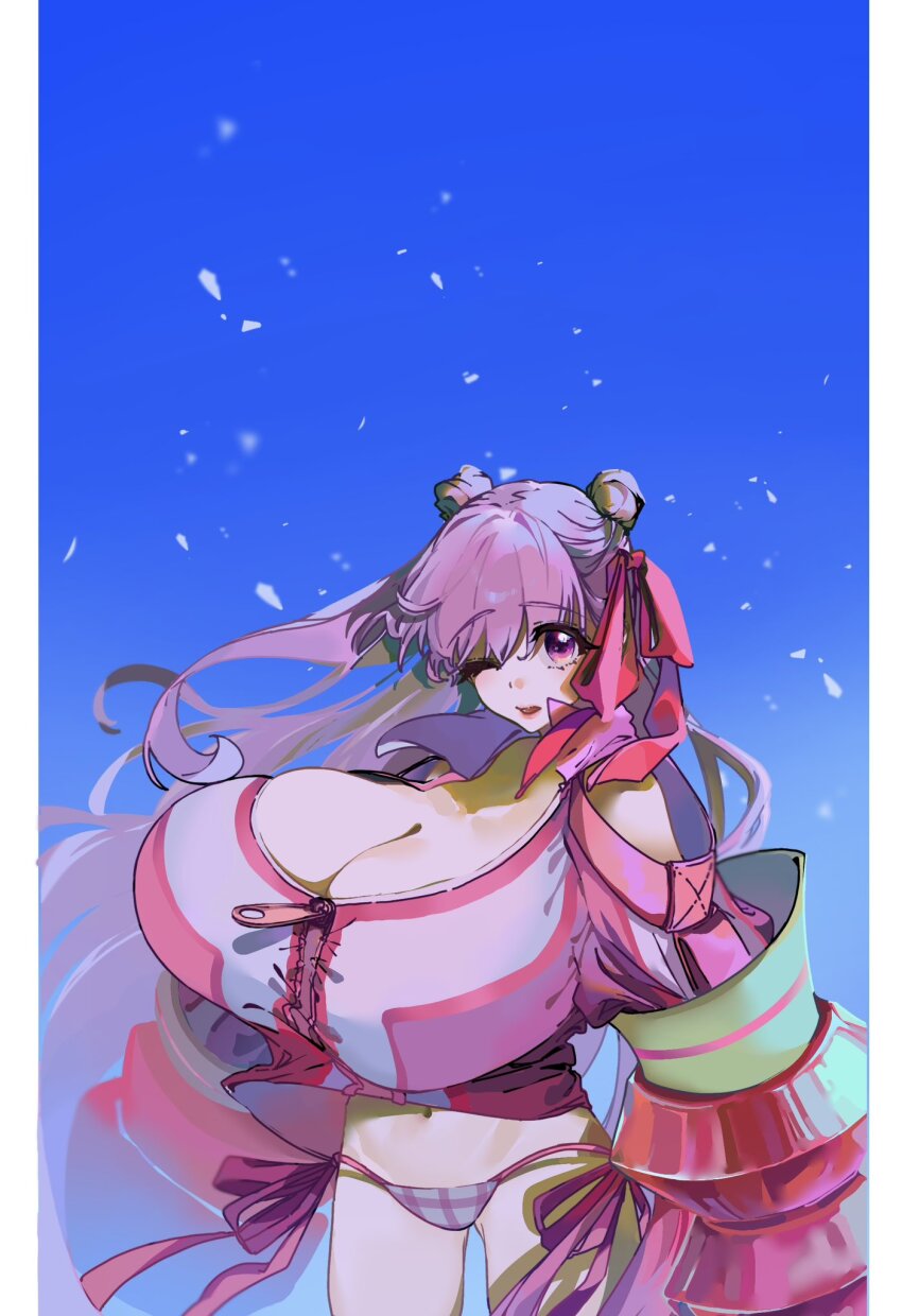 1girl anmochi_mochi bikini blush breasts claw_(weapon) cleavage double_bun fate/grand_order fate_(series) gigantic_breasts hair_bun highres huge_breasts jacket long_hair long_sleeves looking_at_viewer navel open_mouth passionlip_(celeb_summer_experience_swimsuit)_(fate) passionlip_(fate) pink_bikini pink_eyes pink_jacket pink_ribbon purple_hair ribbon smile solo swimsuit weapon