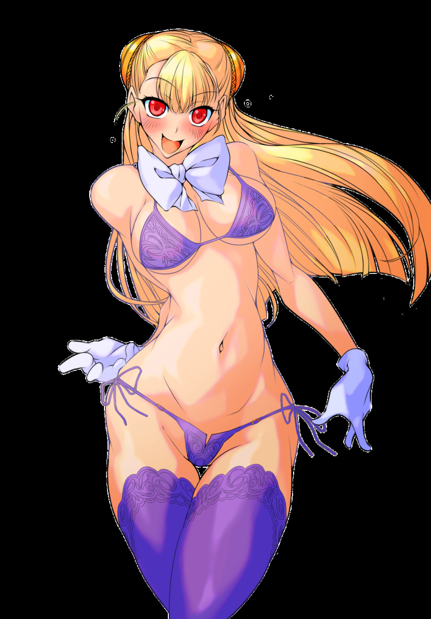 1girl blonde_hair blush bow bra breasts capcom_fighting_jam female_focus gloves hairpods highres ingrid_(capcom) long_hair looking_at_viewer medium_breasts navel panties pink_background purple_bra purple_panties purple_thighhighs red_eyes side-tie_panties solo thigh_gap thighhighs transparent_background underboob underwear underwear_only white_gloves yoshitsuki