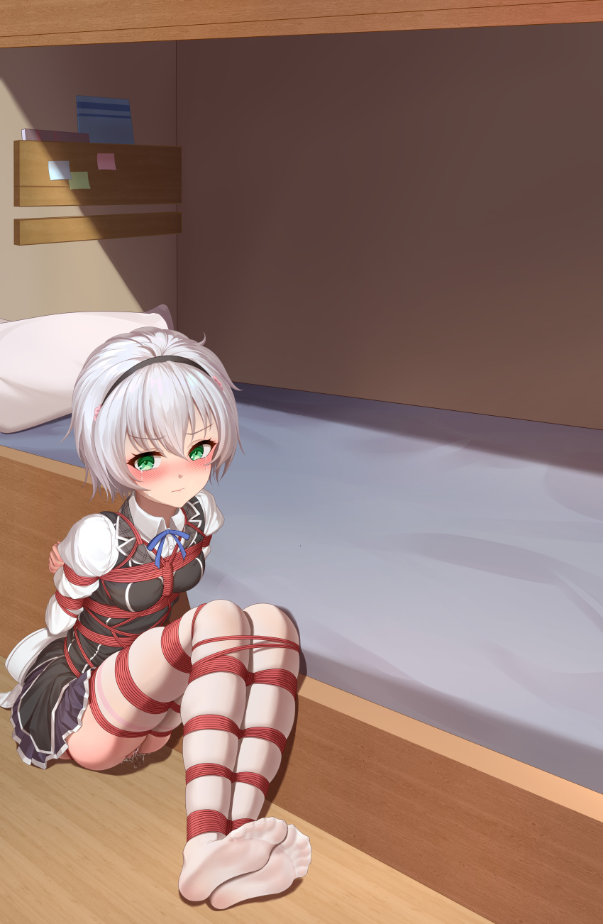 1girl absurdres arms_behind_back bdsm bed bed_sheet bedroom black_hairband black_ribbon black_vest blush bondage bound bound_ankles bound_arms bound_breasts bound_calves bound_legs bound_thighs bound_torso breast_bondage breasts choker clenched_hand clothes_lift collared_shirt crotch_rope crying crying_with_eyes_open embarrassed female_focus frostbite_(artist) full_body glaring green_eyes grey_hair hagun_academy_school_uniform hair_between_eyes hair_ornament hair_ribbon hairband highres huge_filesize indoors kinbaku kurogane_shizuku large_breasts long_sleeves looking_ahead looking_to_the_side miniskirt navy_blue_skirt no_panties no_shoes on_floor perky_breasts pillow pink_ribbon pleated_skirt puffy_long_sleeves puffy_sleeves pussy_juice pussy_juice_puddle pussy_juice_trail rakudai_kishi_no_cavalry ribbon shadow shibari shibari_over_clothes shirt short_hair sidelocks skin_tight skindentation skirt skirt_lift soles solo tearing_up tears thighhighs thighs toes undershirt variant_set vest white_shirt white_thighhighs white_undershirt wooden_floor