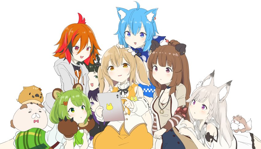 6+girls absurdres animal_ear_fluff animal_ears animare bear_ears bear_hair_ornament bear_paws black_ribbon dog_ears goukin-man haibara_akane hair_ornament hashiba_natsumi_(animare) highres hinokuma_ran inaba_haneru_(animare) inari_kuromu kazami_kuku multiple_girls nanashi_inc. ribbon shiromiya_mimi souya_ichika souya_ichika_(1st_costume) tablet_pc twintails umori_hinako virtual_youtuber yunohara_izumi
