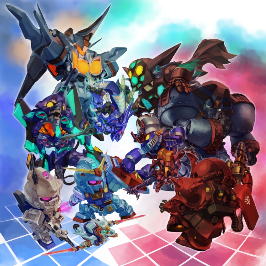 1980s_(style) aburaya_tonbi banpresto cable cape code_geass dual_wielding dunbine energy_blade eva_01 ez-8_gundam getter-1 getter_robo getter_robo_(classic) giant_robo giant_robo_(mecha) glowing gundam gundam_08th_ms_team gundam_ez8 guren_(code_geass) guren_mk-ii hades_project_zeorymer highres holding kabuto_kouji lancelot_(code_geass) lancelot_z-01 mazinger_(series) mazinger_z mazinger_z_(mecha) mecha mecha_focus mobile_suit_gundam neon_genesis_evangelion no_humans oldschool retro_artstyle robot rx-78-2_gundam seisenshi_dunbine shield super_robot_wars sword toei_animation weapon zaku zaku_ii zaku_ii_s_char_custom zeorymer