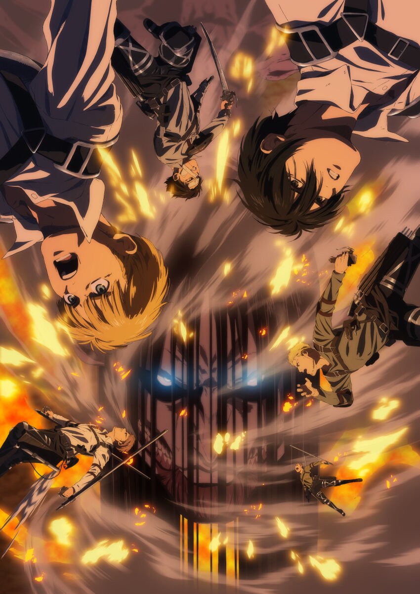 1girl 5boys absurdres arm_cannon armin_arlert bandage_over_one_eye battle belt biting_own_hand black_hair blonde_hair blue_eyes brown_belt connie_springer dual_wielding embers facial_hair fighting_stance fire founding_titan frown glowing glowing_eyes highres holding jean_kirstein levi_(shingeki_no_kyojin) midair mikasa_ackerman monster multiple_boys official_art open_mouth promotional_art reiner_braun serious shingeki_no_kyojin shirt short_hair skull smoke stubble t-shirt titan_(shingeki_no_kyojin) upside-down weapon