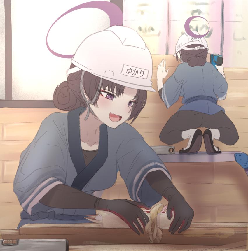 2girls :d ass black_gloves blue_archive collarbone construction fang gloves halo hard_hat helmet highres holding_tool japanese_clothes kanna_(blue_archive) multiple_girls name_tag objectification open_mouth plank power_tool purple_eyes purple_halo shitsugaikotsu skin_fang smile squatting wood_carving_tool yukari_(blue_archive)