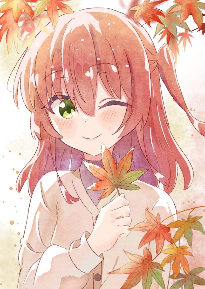 1girl anger_vein autumn autumn_leaves bocchi_the_rock! brown_hair closed_mouth day falling_leaves green_eyes hair_between_eyes hair_ornament highres holding holding_leaf kita_ikuyo kunchacha leaf leaf_hair_ornament leaf_on_head leaf_print long_hair long_sleeves looking_at_viewer maple_leaf one_eye_closed one_side_up outdoors smile solo upper_body