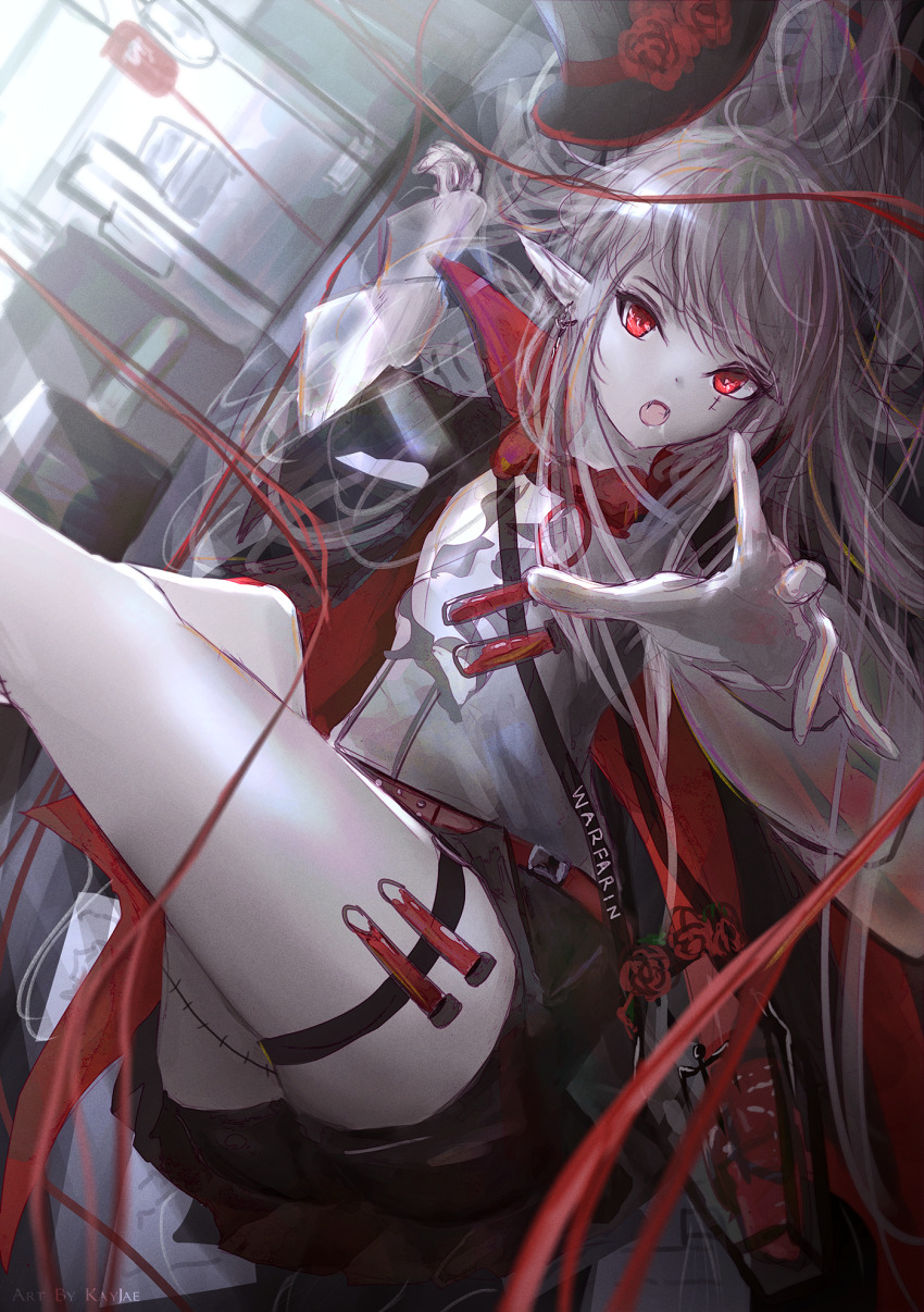 1girl :o arknights belt black_coat black_headwear black_shorts character_name coat earrings fangs female_focus flower highres jewelry kayjae legs_up long_hair looking_at_viewer lying official_alternate_costume on_back open_clothes open_coat open_mouth outstretched_arm pointy_ears red_eyes rose shirt short_shorts shorts sidelocks silver_hair solo stitches strap test_tube thigh_strap thighs vampire warfarin_(arknights) warfarin_(the_feast)_(arknights) white_shirt