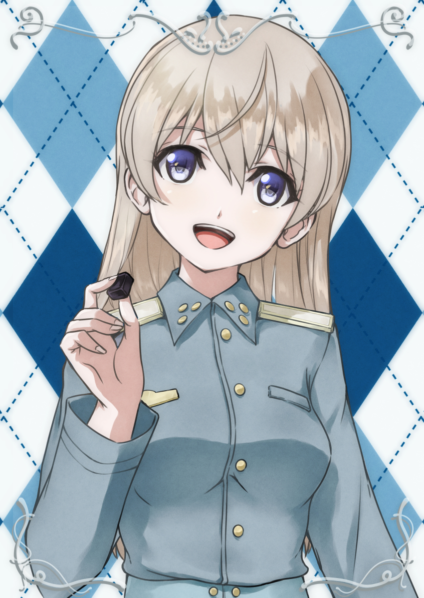 1girl absurdres blue_jacket breasts eila_ilmatar_juutilainen grey_eyes happy highres holding jacket long_hair looking_at_viewer medium_breasts memory_(prophet5) military military_uniform open_mouth salmiakki solo strike_witches upper_body white_hair world_witches_series