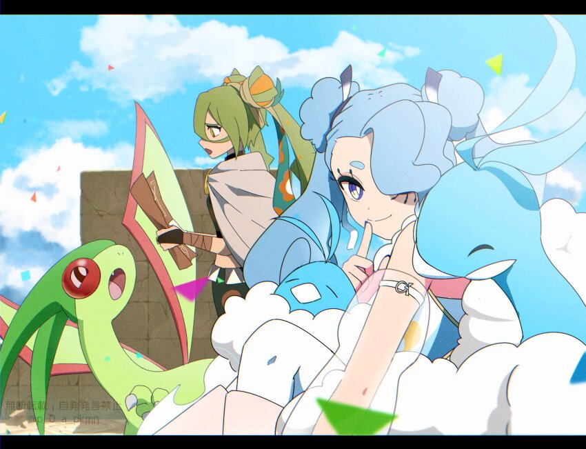 2girls antennae bird blue_eyes blue_hair blue_skin blue_sky claws closed_eyes closed_mouth cloud colored_skin commentary_request double_bun fang fluffy flygon flying_miku_(project_voltage) gen_3_pokemon glorious_day_(vocaloid) green_hair green_skin grey_cloak ground_miku_(project_voltage) hair_bun hatsune_miku highres holding holding_map long_hair map multiple_girls nintendo open_mouth outdoors p_0_a pokemon pokemon_(creature) project_voltage sky smile standing swablu translation_request twintails vocaloid wings