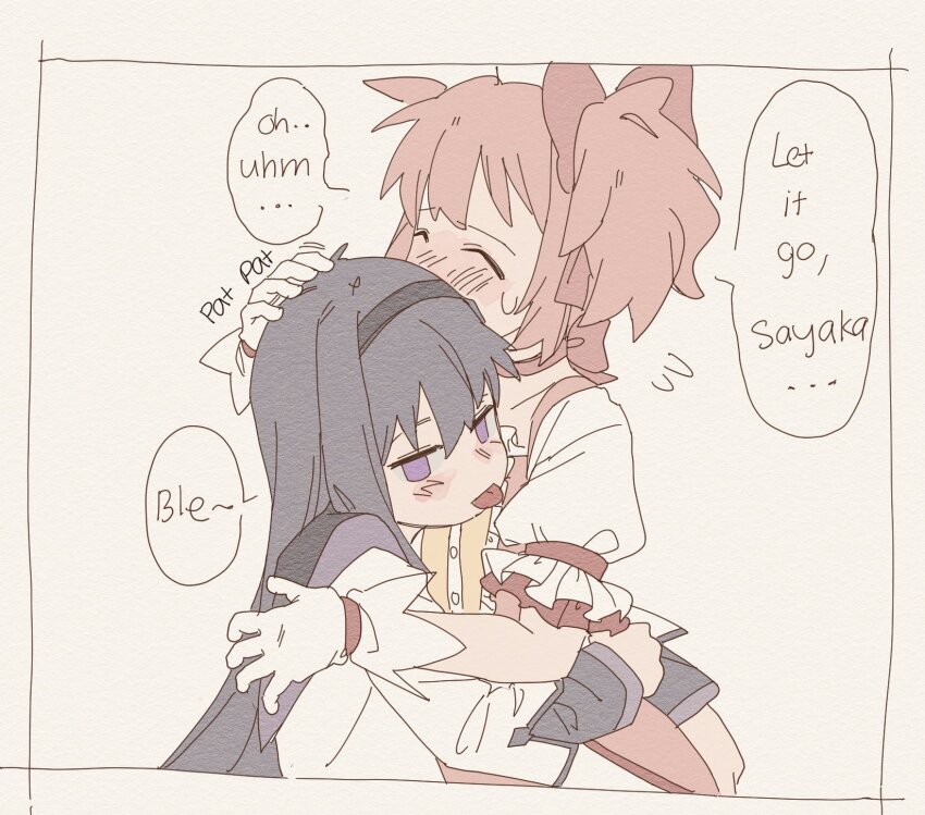 2girls akemi_homura akemi_homura_(magical_girl) arms_around_waist black_hair black_hairband blush bow dress english_text ezier flying_sweatdrops gloves hair_bow hairband hand_on_another&#039;s_head headpat highres hug kaname_madoka kaname_madoka_(magical_girl) long_hair mahou_shoujo_madoka_magica mahou_shoujo_madoka_magica_(anime) multiple_girls pink_bow pink_hair purple_eyes shirt short_twintails speech_bubble tongue tongue_out twintails white_dress white_gloves white_shirt yuri