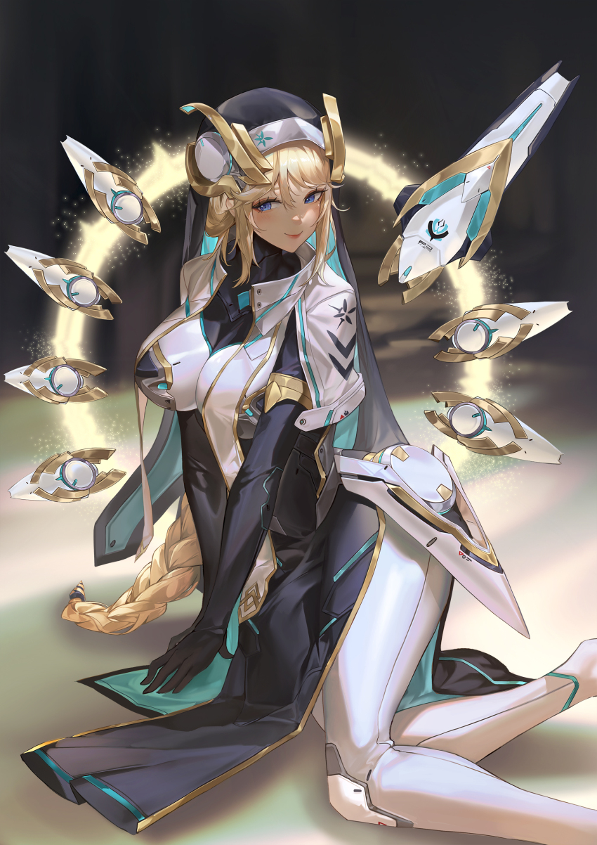1girl absurdres arm_support armored_bodysuit black_gloves black_robe blonde_hair blue_eyes blush bodysuit braid breasts cleavage closed_mouth commentary detached_wings eru_(eru_illust) gloves goddess_of_victory:_nikke habit hair_between_eyes highres impossible_bodysuit impossible_clothes large_breasts long_braid long_hair looking_at_viewer mechanical_wings nun rapunzel_(nikke) robe see-through_clothes see-through_cleavage shadow sidelocks sitting smile solo very_long_hair white_bodysuit wings yokozuwari