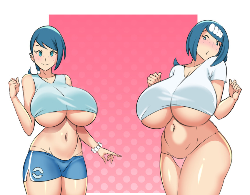 2girls aged_up bare_shoulders blue_eyes blue_hair border breasts crop_top eyelashes freckles huge_breasts lana&#039;s_mother_(pokemon) lana_(pokemon) looking_at_viewer mangakay84 matching_hair/eyes mature_female mother_and_daughter multiple_girls navel nintendo panties pink_panties plump pokemon pokemon_(anime) pokemon_sm_(anime) shiny_skin short_hair shorts smile thick_thighs thighs underboob underwear w_arms white_border wide_hips