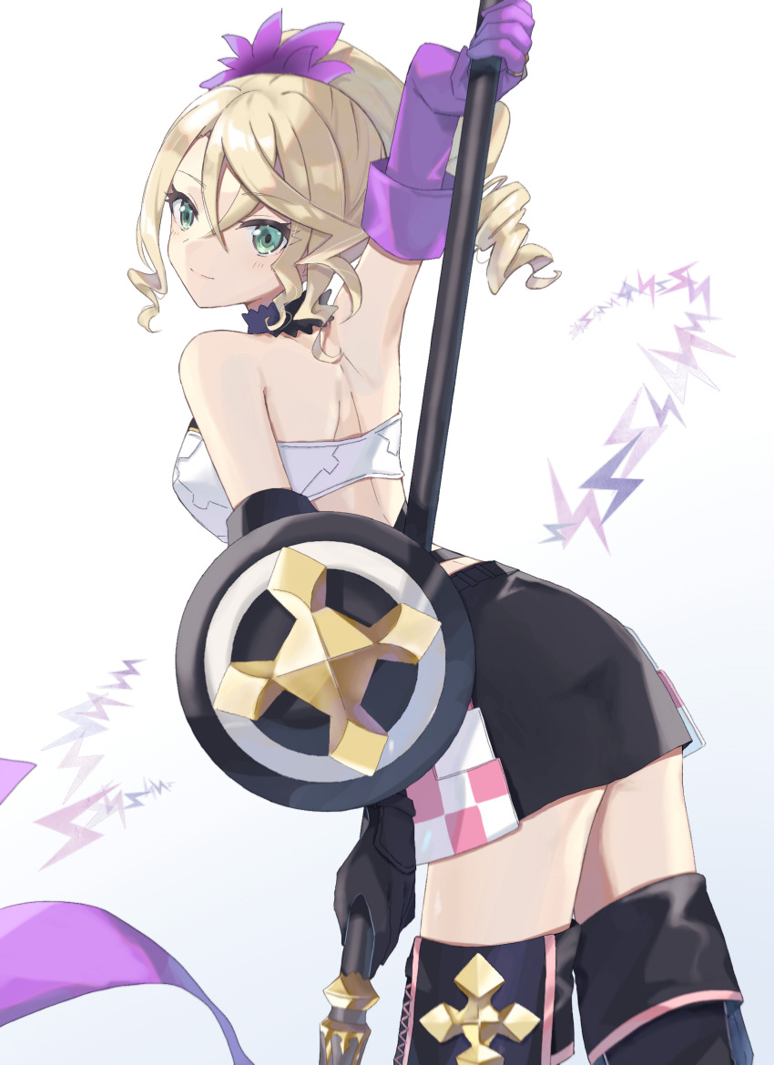 1girl alisha_diphda arm_shield back black_gloves black_skirt blonde_hair closed_mouth commission crossed_bangs drill_hair drill_ponytail from_behind gloves green_eyes hair_between_eyes highres holding holding_behind_back holding_polearm holding_polearm_behind_back holding_weapon holding_weapon_behind_back looking_at_viewer looking_back mikota_(showata) polearm purple_gloves second-party_source shield side_ponytail skeb_commission skirt smile solo tales_of_(series) tales_of_zestiria weapon white_background