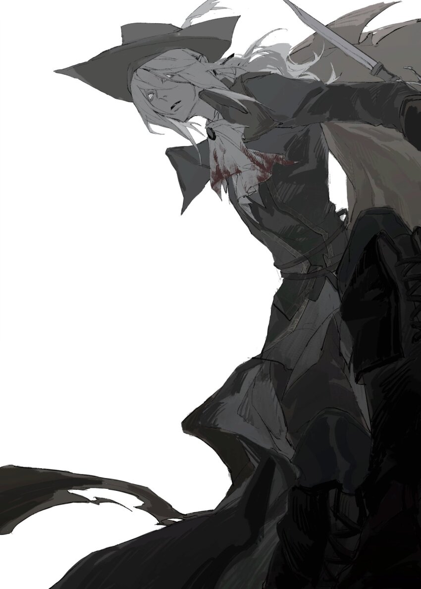 1girl ascot black_coat black_hat blood blood_on_clothes bloodborne coat colored_skin grey_hair grey_skin hat hat_feather highres holding jiao_chang lady_maria_of_the_astral_clocktower long_hair looking_at_viewer ponytail simple_background solo sword tricorne weapon white_background