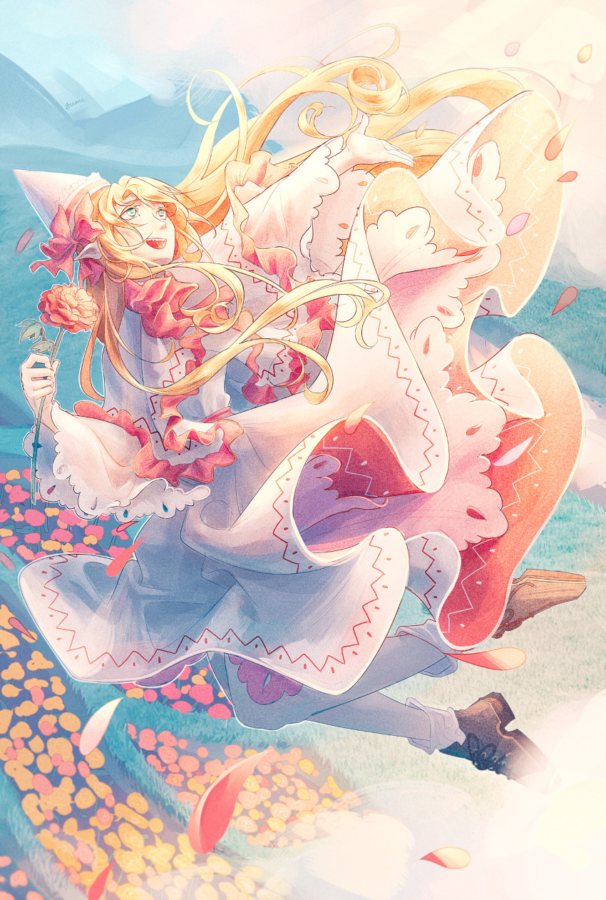 1girl absurdres blonde_hair brown_shoes capelet flower frilled_capelet frilled_shirt frills full_body hat highres holding holding_flower lily_white long_hair long_sleeves looking_to_the_side open_mouth outdoors outstretched_arm pantyhose petals red_flower shirt shoelaces shoes skirt socks socks_over_pantyhose solo somayumi teeth touhou upper_teeth_only white_capelet white_hat white_pantyhose white_shirt white_skirt white_socks wide_sleeves
