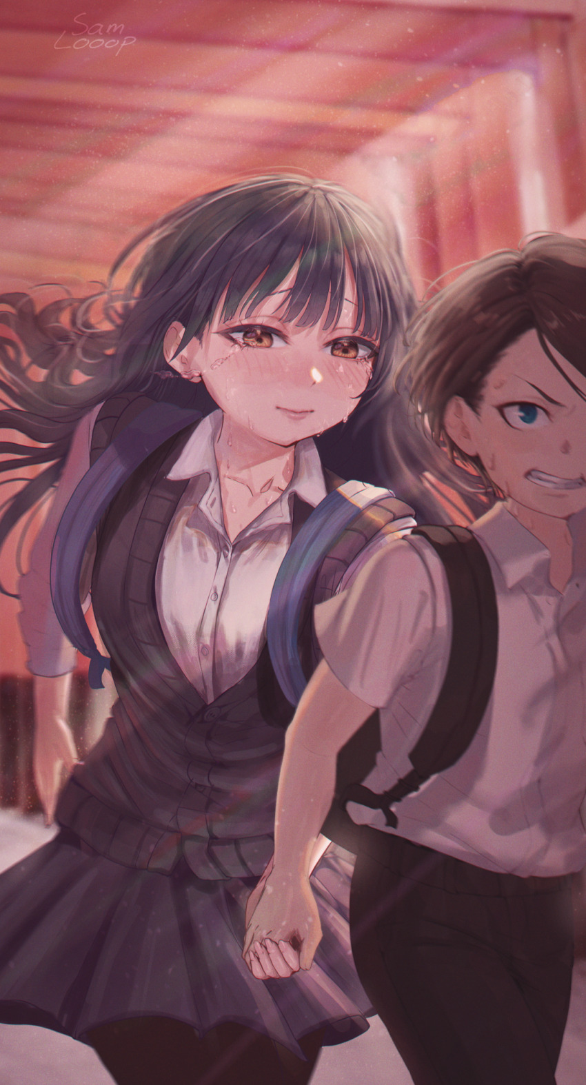 1boy 1girl backpack bag black_hair black_pants blue_eyes blue_skirt blue_sweater_vest blush boku_no_kokoro_no_yabai_yatsu brown_eyes clenched_teeth closed_mouth collarbone collared_shirt crying crying_with_eyes_open fushimi_inari_taisha hetero highres holding_hands ichikawa_kyoutarou kyoto long_hair multiple_torii outdoors pants pleated_skirt real_world_location running samlooop school_uniform shirt skirt sweat sweater_vest tears teeth torii white_shirt yamada_anna