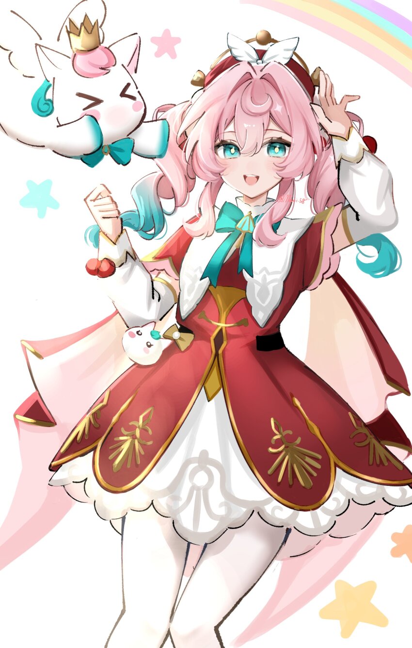 1girl absurdres dress green_eyes green_hair hat highres honkai:_star_rail honkai_(series) hyacine_(honkai:_star_rail) little_ica_(honkai:_star_rail) looking_at_viewer memi_58 open_mouth pantyhose pink_hair rainbow red_dress red_hat short_twintails twintails unicorn white_pantyhose