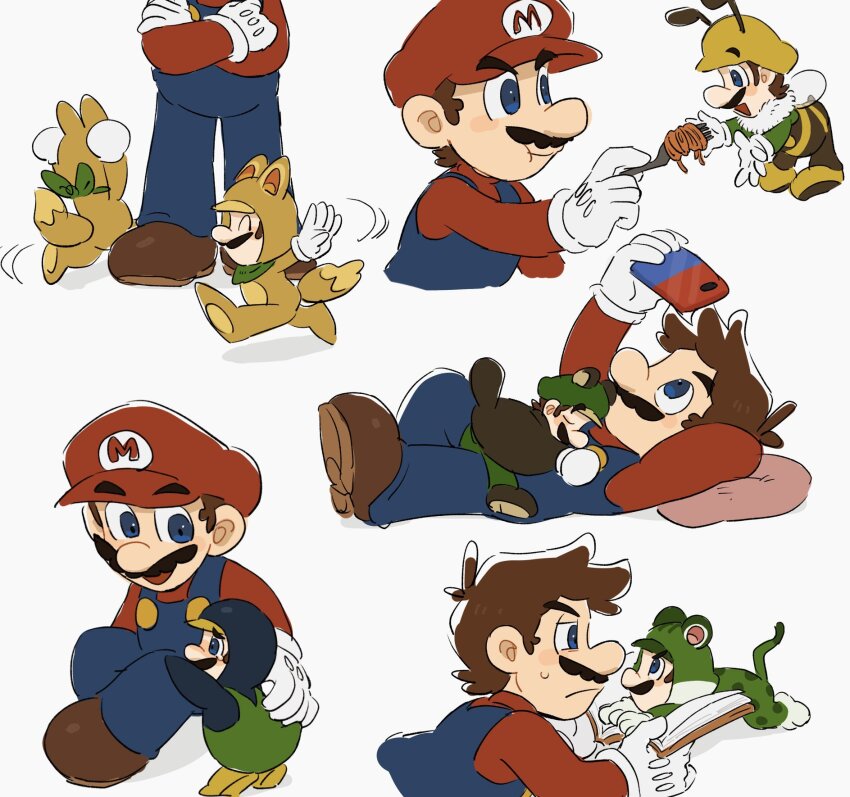 2boys bee_mario blue_overalls brown_hair cat_luigi facial_hair flying_squirrel gloves green_shirt highres kitsune_luigi luigi male_focus mario mario_(series) mimimi_(mimimim9999) multiple_boys multiple_persona new_super_mario_bros._u new_super_mario_bros._wii nintendo open_mouth overalls penguin_luigi shirt short_hair squirrel super_mario_3d_land super_mario_3d_world super_mario_galaxy