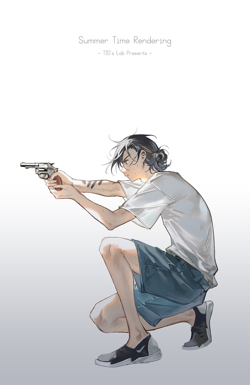 1boy aiming ajiro_shinpei black_eyes black_hair closed_mouth commentary copyright_name english_commentary english_text from_side full_body gradient_background gun hands_up highres holding holding_gun holding_weapon male_focus shirt short_sleeves shorts solo summertime_render t-shirt tidsean weapon white_shirt