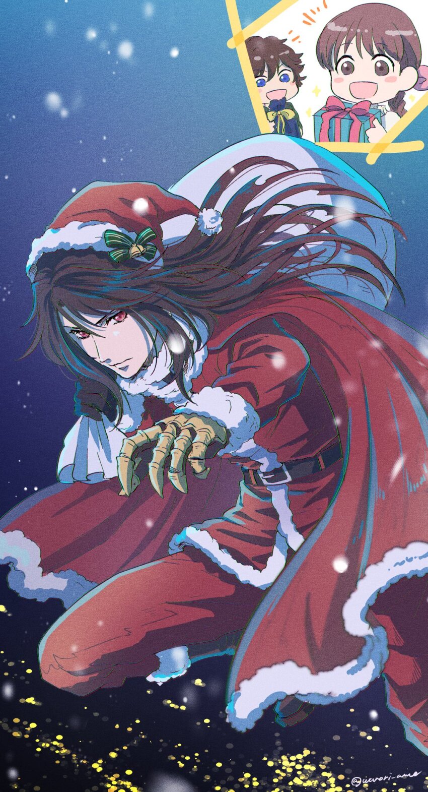 1girl 2boys alternate_costume belt belt_buckle black_belt black_gloves black_hair blue_background blue_eyes boots box braid brown_eyes brown_footwear brown_hair buckle cape child christmas clawed_gauntlets coat denzel_(ff7) final_fantasy final_fantasy_vii final_fantasy_vii_advent_children fur-trimmed_cape fur-trimmed_coat fur-trimmed_headwear fur_trim gift gift_box gloves hair_between_eyes hair_ribbon hat hat_bell highres holding holding_sack long_hair marlene_wallace multiple_boys open_mouth pants pink_ribbon red_cape red_coat red_eyes red_hat red_pants ribbon sack santa_costume santa_hat short_hair single_braid smile twitter_username vincent_valentine warori_anne white_fur