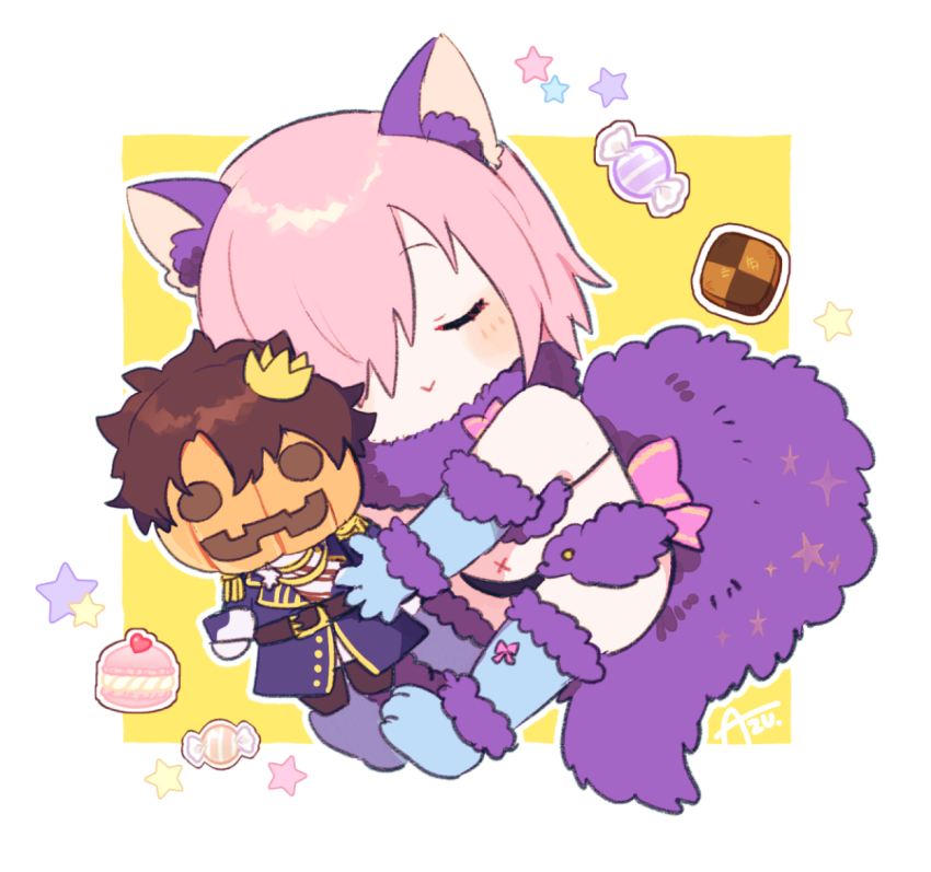 1girl animal_costume animal_ears animal_hands azu_(kirara310) bare_shoulders black_panties blue_gloves blush candy character_doll chibi closed_eyes closed_mouth commentary_request doll fake_animal_ears fake_tail fate/grand_order fate_(series) food fujimaru_ritsuka_(male) fujimaru_ritsuka_(male)_(halloween_royalty) fur-trimmed_gloves fur_collar fur_trim gloves hair_over_one_eye halloween halloween_costume hug jacket light_purple_hair mash_kyrielight mash_kyrielight_(dangerous_beast) navel official_alternate_costume one_eye_covered panties paw_gloves pumpkin pumpkin_hat short_hair signature sleeping smile solo tail toy underwear wolf_costume wolf_ears wolf_girl wolf_paws wolf_tail x_navel