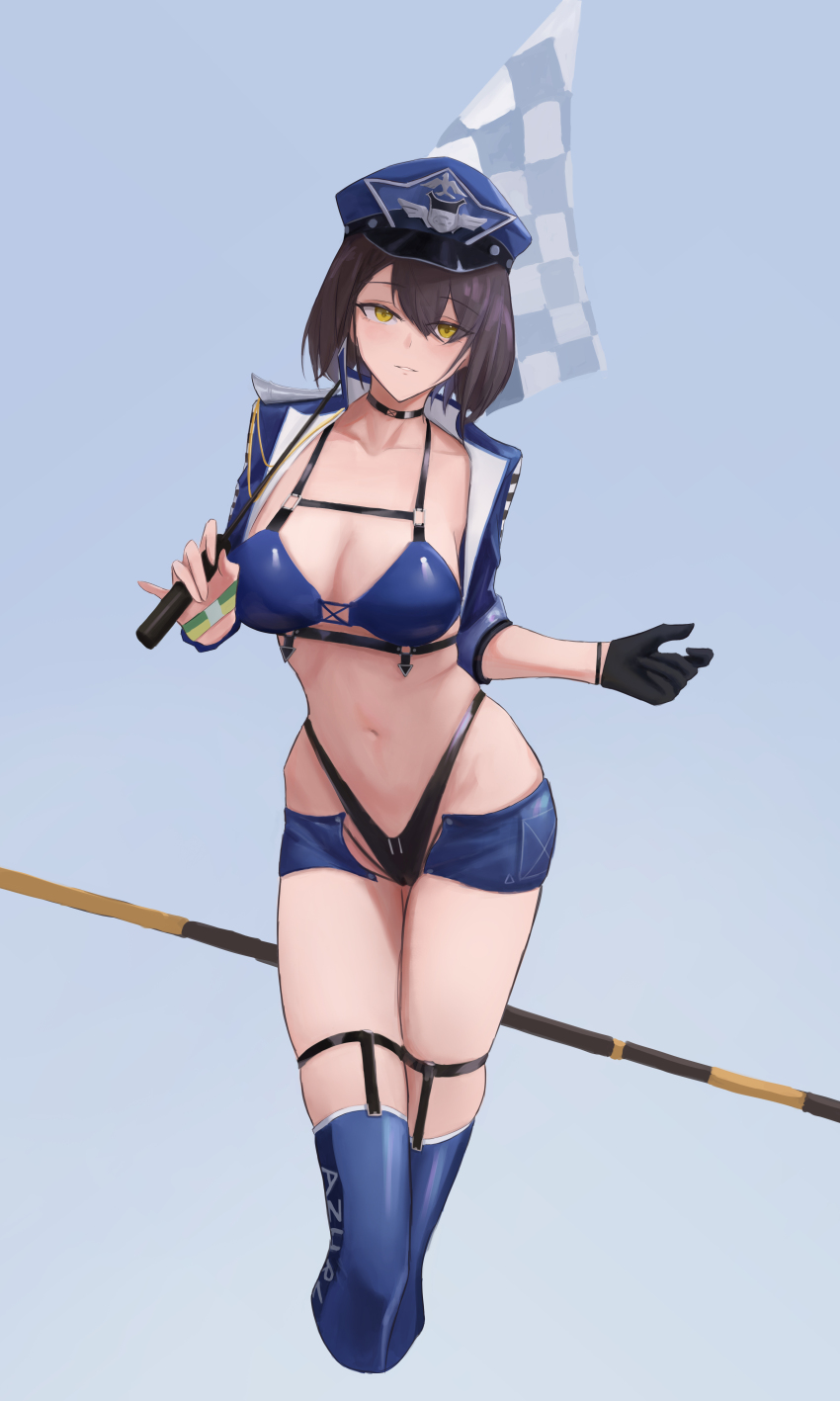 1girl absurdres azur_lane baltimore_(azur_lane) baltimore_(finish_line_flagbearer)_(azur_lane) bikini black_bikini black_gloves blue_bikini blue_boots blue_hat blue_jacket blue_shorts boots breasts brown_hair checkered_flag chest_harness chinese_commentary choker cleavage collarbone commentary_request cropped_jacket cropped_legs flag gloves grey_background hair_between_eyes harness hat highleg highleg_bikini highres holding holding_pole jacket kong_zhizen large_breasts looking_at_viewer micro_shorts mismatched_bikini navel official_alternate_costume open_clothes open_jacket parted_lips peaked_cap pole race_queen short_hair shorts sidelocks single_glove skindentation solo standing stomach swimsuit thigh_boots yellow_eyes