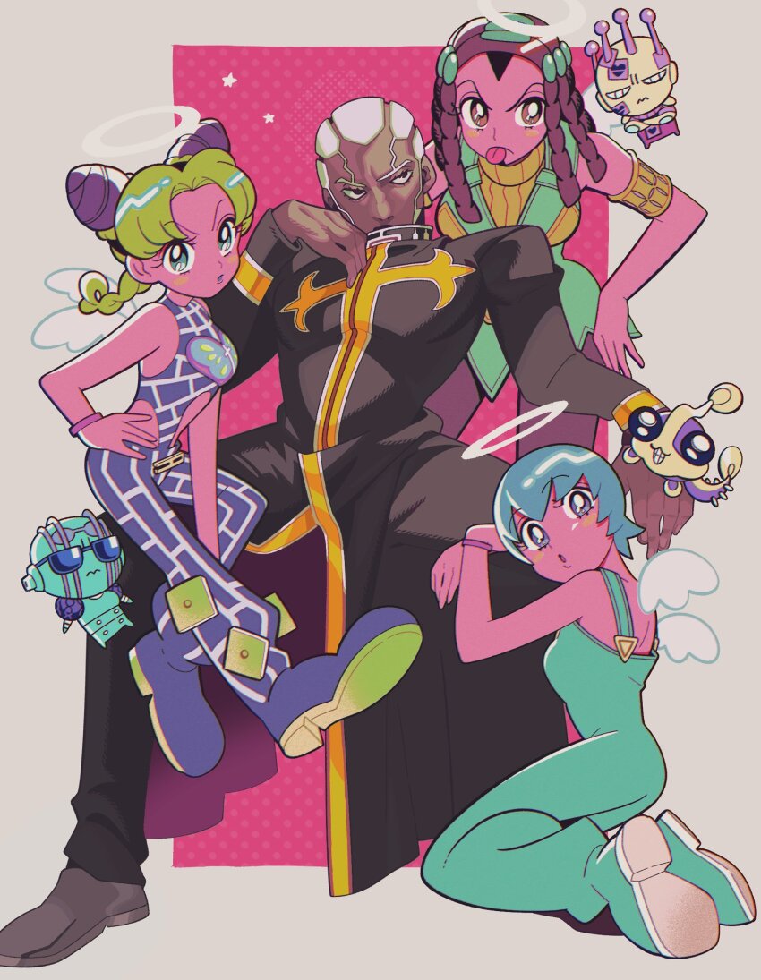 1boy 3girls akira_kira angel_wings armlet behind_another black_footwear black_pants blue_eyes blue_footwear blue_hair blue_overalls blush boots border bracelet braid braided_ponytail brown_eyes cassock chibi commentary_request cone_hair_bun dark-skinned_male dark_skin detached_wings double_bun dreadlocks enrico_pucci ermes_costello foo_fighters_(jojo) foo_fighters_(stand) full_body glaring green_eyes green_hair grey_border hair_bun halo hand_on_own_hip hand_up hands_up highres invisible_chair jewelry jojo_no_kimyou_na_bouken kiss_(stand) kneeling kuujou_jolyne leaning_on_person long_hair long_sleeves looking_at_viewer looking_back multiple_girls outside_border overalls pants parody priest purple_pants purple_shirt raised_eyebrow retro_artstyle shirt shoes short_hair sitting sitting_on_lap sitting_on_person sleeveless sleeveless_shirt spread_legs stand_(jojo) star_(symbol) stone_free stone_ocean style_parody tongue tongue_out v-shaped_eyebrows very_dark_skin very_short_hair white_hair wings