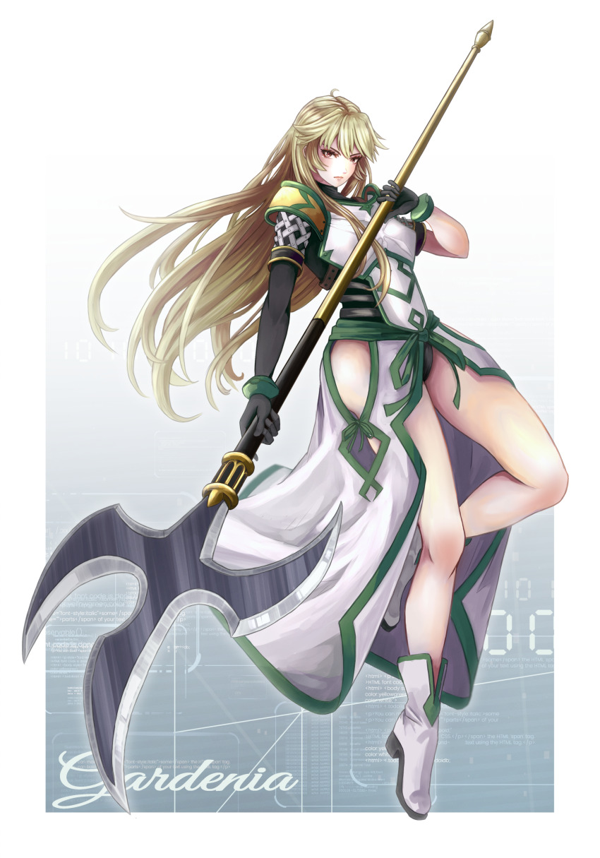 .hack// .hack//games 1girl absurdres ahoge ankle_boots armor ass asymmetrical_sleeves black_gloves black_panties black_shirt blonde_hair boots border bracelet breastplate character_name code commentary_request front_slit full_body gardenia_(.hack//) gloves gradient_background green_sash green_trim grey_background highres hip_vent holding holding_polearm holding_weapon jewelry lips long_hair long_skirt looking_at_viewer mononoke-matsuri outside_border panties polearm red_eyes sash serious shirt shoulder_armor sidelocks skirt solo standing standing_on_one_leg text_background tiptoes underwear very_long_hair weapon white_background white_boots white_border white_skirt