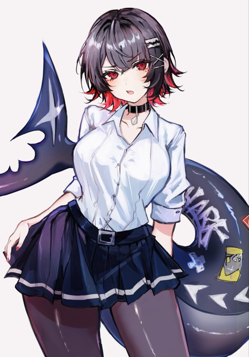 1girl belted_skirt black_choker black_hair black_pantyhose blue_skirt blush choker collarbone colored_inner_hair commentary_request ellen_joe ellen_joe_(on_campus) fins fish_tail hair_between_eyes hand_on_own_hip highres looking_at_viewer mole mole_under_eye multicolored_hair official_alternate_costume open_mouth pantyhose partially_unbuttoned pendant_choker razor_blade_hair_ornament red_eyes red_nails scar scar_on_tail shark_girl shark_tail sharp_teeth shirt short_hair simple_background skirt sleeves_rolled_up solo ss4xl sticker tail teeth upper_teeth_only white_background white_shirt zenless_zone_zero