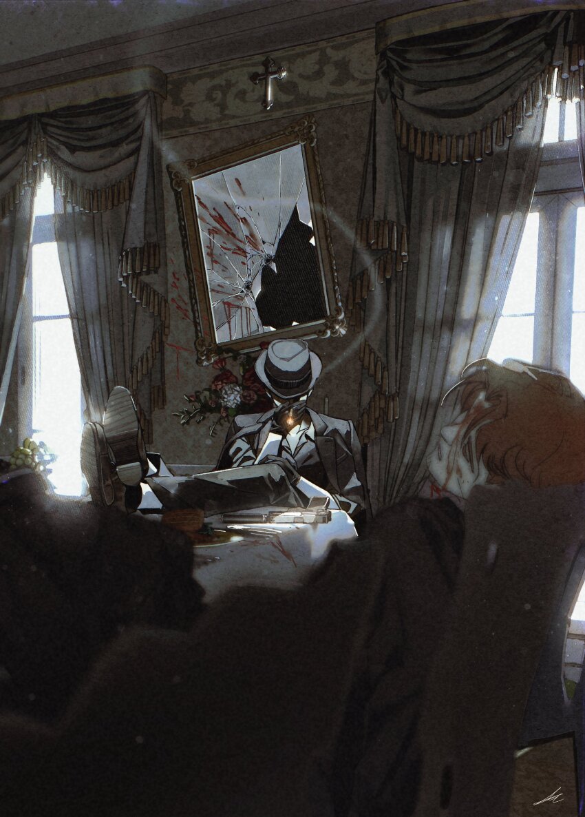 absurdres black_coat black_gloves black_pants black_shoes blood blood_on_face broken_mirror cigarette coat curtains day death feet_on_table food gloves gun hat highres holding holding_cigarette indoors lapels mirror notched_lapels orange_hair original pants parted_lips shoes sitting smoke smoking steak table toktin_zq weapon window
