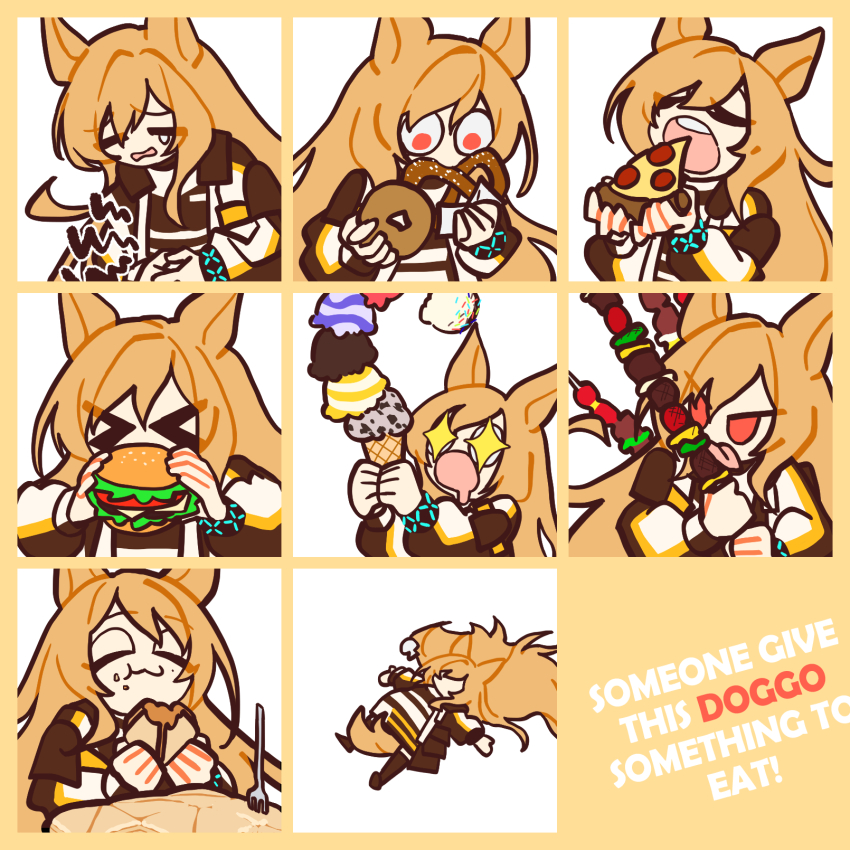 &gt;_&lt; 1girl animal_ears arknights bracelet burger ceobe_(arknights) commission cookie dog_ears donut eating emoji english_text expression_chart multiple_expressions food highres honey hungry ice_cream infection_monitor_(arknights) jewelry long_hair long_sleeves multiple_views open_mouth orange_hair pizza pretzel puffy_long_sleeves puffy_sleeves red_eyes saliva skewer sparkling_eyes very_long_hair xity