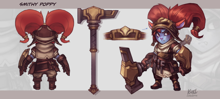 1girl alternate_costume alternate_hairstyle animal_ears artist_name blacksmith_poppy buckler character_name concept_art fang gloves goggles goggles_on_head hair_ornament hammer helmet highres kienan_lafferty league_of_legends multiple_views poppy_(league_of_legends) red_eyes red_hair shield tool_belt turnaround twintails weapon