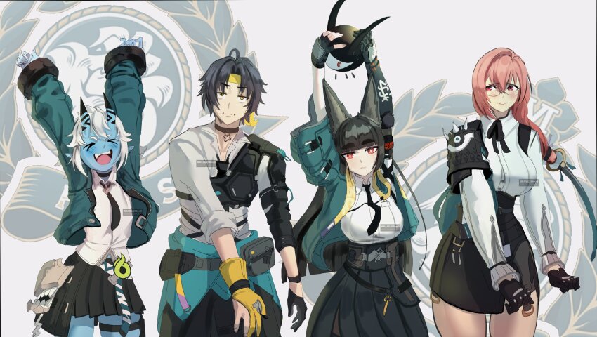 absurdres animal_ear_fluff animal_ears aqua_jacket asaba_harumasa black_gloves black_hair black_necktie black_skirt blue_horns blue_oni blue_skin blue_tail blunt_bangs blush brasileiroo breasts closed_mouth colored_skin fingerless_gloves fox_ears fox_girl glasses gloves green_jacket hair_between_eyes hair_between_horns headband high-waist_skirt highres holding horns hoshimi_miyabi jacket jewelry kono_subarashii_sekai_ni_shukufuku_wo! long_hair looking_at_viewer male_focus mechanical_hands multicolored_horns multiple_girls necktie oni pencil_skirt pink_eyes pink_hair pointy_ears pouch red_eyes shirt short_hair simple_background single_fingerless_glove skin-covered_horns skin-covered_tail skirt smile soukaku_(zenless_zone_zero) tail thigh_pouch tomorrow_(konosuba) tsukishiro_yanagi two-tone_horns two-tone_tail white_background white_hair white_shirt yellow_eyes yellow_headband zenless_zone_zero