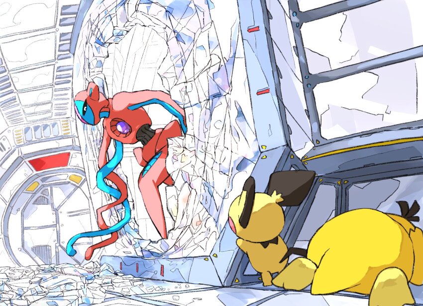 alien aomon_(yuuji7604) back behind_cover broken_glass containment_unit deoxys deoxys_(normal) door gen_1_pokemon gen_2_pokemon gen_3_pokemon glass highres indoors laboratory looking_at_another looking_to_the_side lying mythical_pokemon nintendo no_humans pichu pokemon pokemon_(creature) psyduck tail tentacles