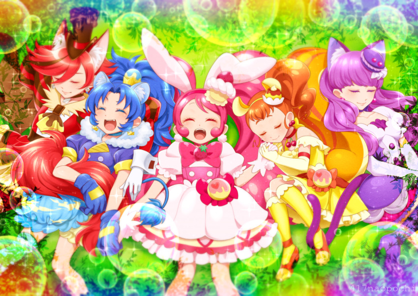 0417nao animal_ear_fluff animal_ears arisugawa_himari arms_up blue_hair cat_ears closed_eyes closed_mouth commentary_request crown cuddling cure_chocolat cure_custard cure_gelato cure_macaron cure_whip dog_ears dog_tail gold_crown holding_hands kenjou_akira kirakira_precure_a_la_mode kneehighs knees_together_feet_apart kotozume_yukari lion_ears lion_tail multiple_girls open_mouth orange_hair pink_hair precure purple_hair rabbit_ears rabbit_tail red_hair sleeping socks squirrel_ears squirrel_tail tail tategami_aoi usami_ichika