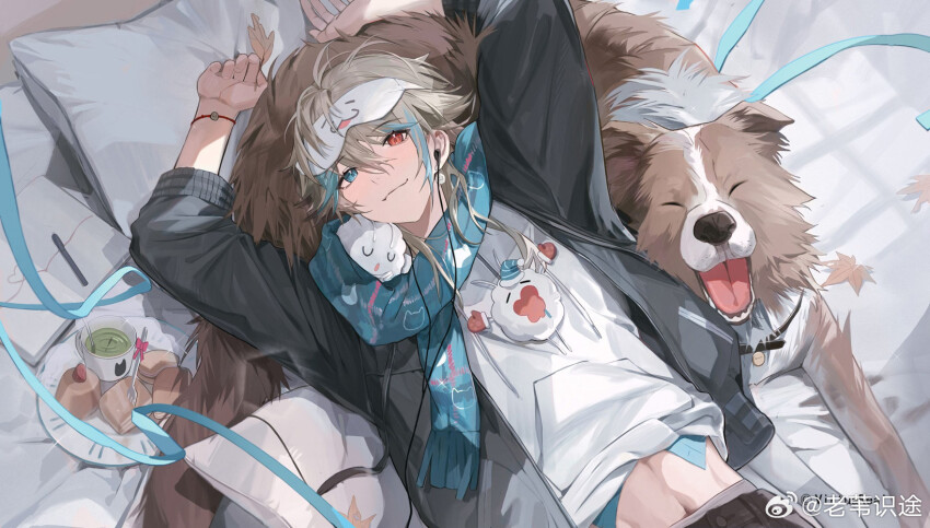 1boy :3 arms_up aza_(virtuareal) blonde_hair blue_eyes blue_hair copyright_notice cup dog food fork fruit heterochromia highres jacket laowei_shi_tu looking_at_viewer lying male_focus midriff_peek multicolored_hair nijisanji notebook on_back on_bed open_clothes open_jacket pen pillow pink_eyes plate scarf solo strawberry streaked_hair tea teacup virtuareal watermark weibo_username weibo_watermark