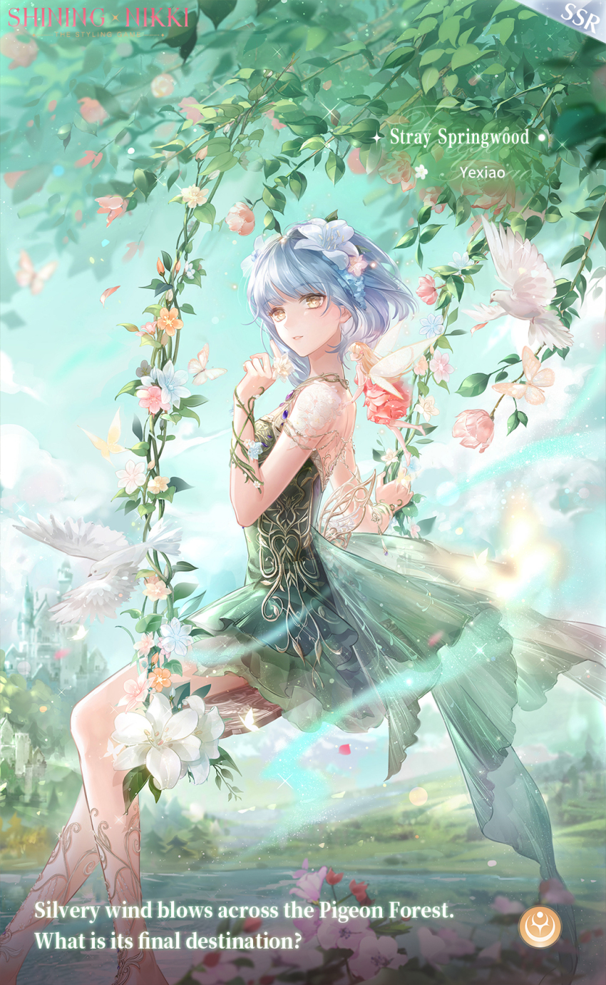 1girl artist_request bird blue_flower blue_sky bud bug butterfly castle character_name chest_jewel cloud coattails copyright_name day dove dress english_text fairy feet_out_of_frame flower forest gem gold_necklace green_dress grey_hair hair_flower hair_ornament highres hill insect jewelry lake lavender_(flower) light_particles light_smile lily_(flower) lips logo nature necklace nikki_(series) official_art on_swing orange_flower outdoors parted_lips pink_flower pink_lips pink_rose plant purple_flower purple_gemstone rose second-party_source shining_nikki short_dress short_hair_with_long_locks shoulder_tattoo single_sidelock sitting sky solo strapless strapless_dress stray_springwood_(shining_nikki) swing swinging_on_swing tattoo teeth tree vines white_flower white_rose yellow_eyes yexiao_(shining_nikki)