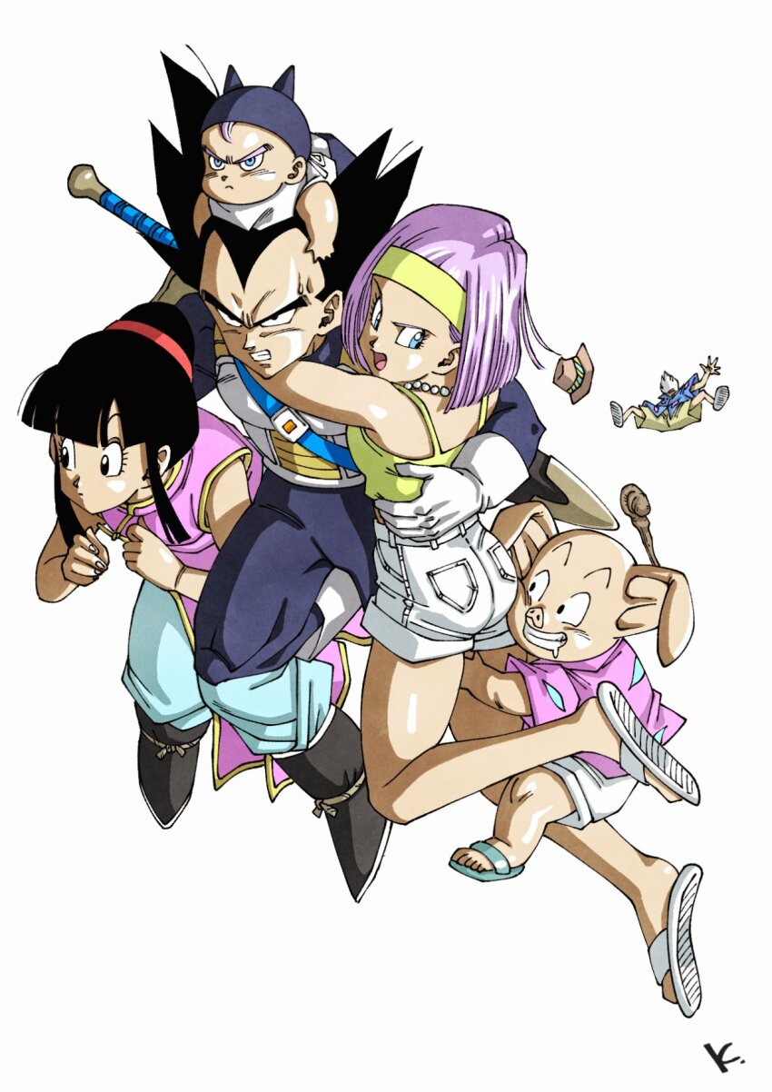 2girls 4boys baby bare_shoulders black_bodysuit black_eyes black_hair blue_eyes bodysuit bulma chi-chi_(dragon_ball) china_dress chinese_clothes dragon_ball dragonball_z dress group_picture hair_bun highres kakeru_(dbskakeru) medium_hair multiple_boys multiple_girls muten_roushi oolong pig purple_dress purple_hair saiyan_armor shorts simple_background spiked_hair tank_top trunks_(dragon_ball) vegeta white_background white_shorts yellow_tank_top