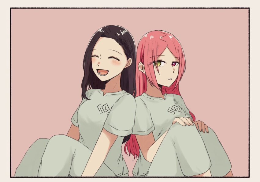 2girls :d assault_lily black_hair blush border breasts brown_background closed_mouth commentary_request green_eyes grey_border grey_pants grey_shirt hands_on_own_knees hands_up heterochromia jin_no_hana knees_up long_hair looking_at_another looking_to_the_side lower_teeth_only medium_breasts multiple_girls nigari_(ngari_0115) open_mouth pants parted_bangs parted_lips red_eyes red_hair shiba_tomoshibi shirt short_sleeves side-by-side sideways_glance simple_background sitting smile teeth upper_body