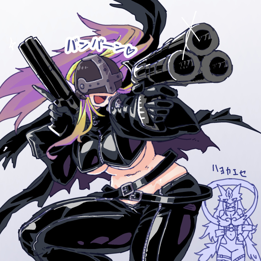 2girls :d angel angel_girl angewomon angewomon_(cosplay) asymmetrical_clothes bare_shoulders beelstarmon beelstarmon_(cosplay) belt belt_collar black_gloves black_pants black_vest blonde_hair bodysuit breasts cleavage closed_mouth collar commentary_request cosplay costume_switch covered_eyes cropped_vest digimon digimon_(creature) eye_mask gerusyu gloves gun hagoromo hand_on_own_hip handgun helmet helmet_over_eyes highres holding holding_gun holding_weapon jacket large_breasts leather leather_jacket leather_pants long_hair looking_at_another mask monster_girl multiple-barrel_gun multiple_girls navel o-ring o-ring_belt open_clothes open_jacket open_mouth pants revealing_clothes revolver shawl sidelocks smile solo_focus standing stomach thigh_strap third_eye tight_clothes tight_pants translation_request trigger_discipline underboob vest weapon