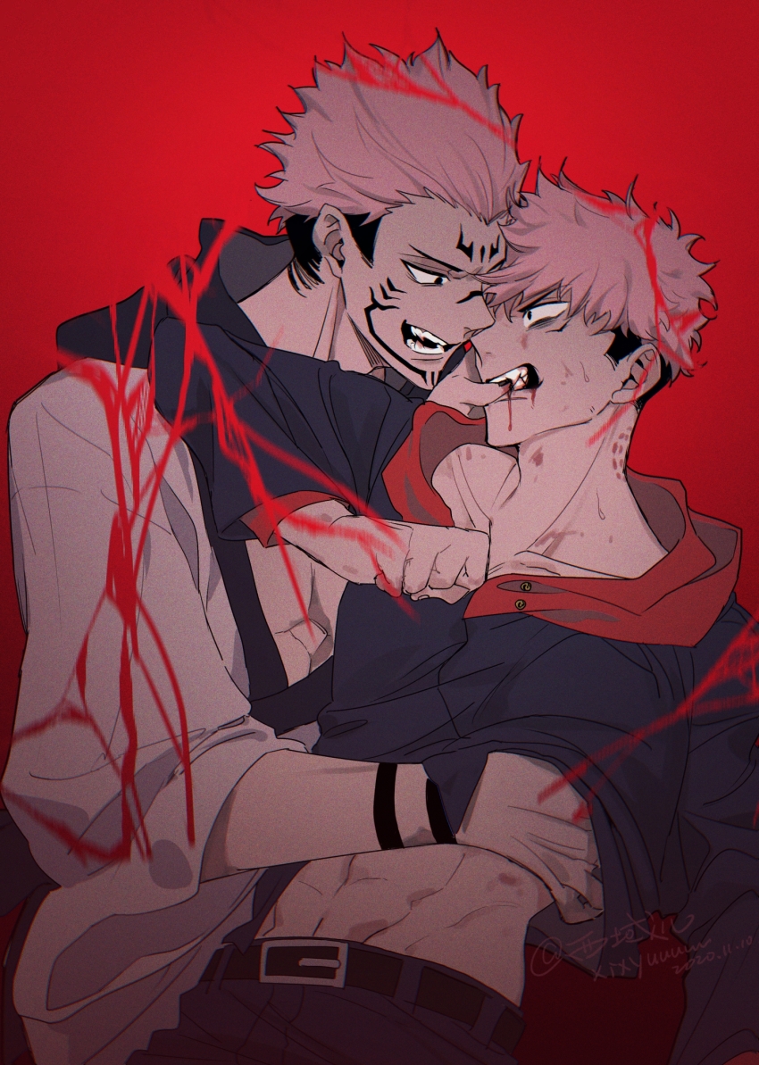 2boys abs arm_tattoo belt black_hair black_jacket black_nails black_pants blood blood_from_mouth blood_on_face clothes_lift dual_persona extra_eyes facial_mark facial_tattoo highres hood hood_down hoodie itadori_yuuji jacket japanese_clothes jujutsu_kaisen kimono long_sleeves looking_at_another male_focus multiple_boys muscular navel open_mouth pants pectorals pink_hair red_background red_eyes red_hoodie ryoumen_sukuna_(jujutsu_kaisen) scarf school_uniform short_hair smile spiked_hair tattoo teeth toned undercut white_kimono wide_sleeves xi_yuu yaoi