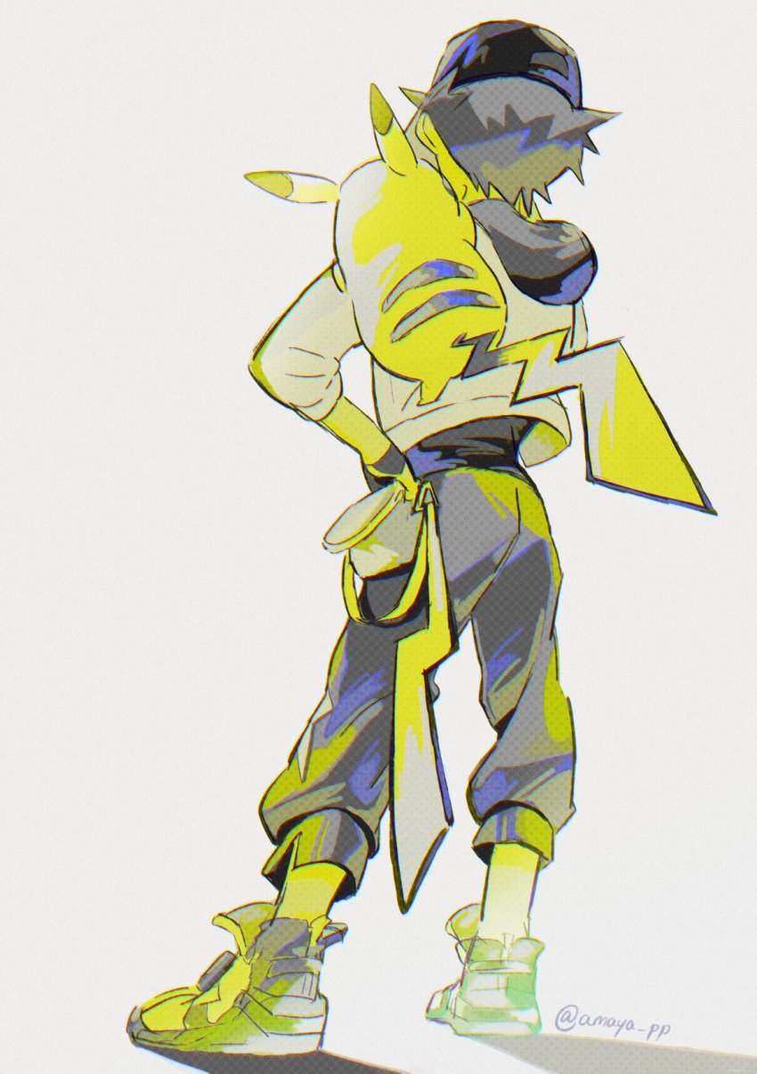 1boy amaya_uw baseball_cap black_headwear commentary_request gen_1_pokemon hand_on_own_hip hat highres hood hood_down hooded_jacket jacket male_focus nintendo official_alternate_costume pants pikachu pokemon pokemon_(creature) pokemon_masters_ex pokemon_on_arm red_(pokemon) red_(sygna_suit)_(thunderbolt)_(pokemon) shirt shoes short_hair sneakers standing twitter_username white_background