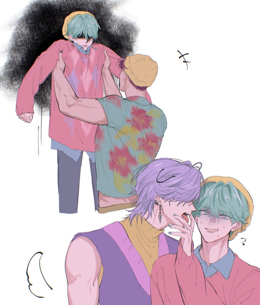 +++ 3boys ^_^ abby_(kpop_demon_hunters) aqua_hair baby_(kpop_demon_hunters) black_hair blush carrying carrying_person closed_eyes commentary earrings facepalm hair_over_eyes hat highres jewelry kpop_demon_hunters lying male_focus multiple_boys mystery_(kpop_demon_hunters) necklace ogai on_back on_side pink_hair pink_sweater purple_hair shirt short_hair short_sleeves sleeveless sweater symbol-only_commentary tail tongue tongue_out turtleneck yellow_hat yellow_shirt