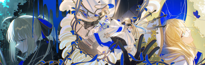 absurdres aesc_(fate) aesc_(rain_witch)_(fate) aesc_(savior)_(fate) ahoge armor black_gloves black_pantyhose blonde_hair blue_eyes braid breastplate crack dress dual_persona fate/grand_order fate_(series) glasses gloves hat highres light_(nightty45) long_hair pantyhose ponytail rain ripples robe single_braid sword weapon white_dress white_robe wide_sleeves witch_hat