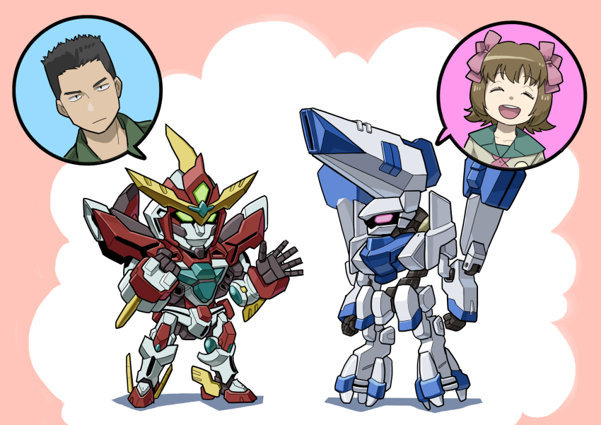 1boy 1girl amami_haruka ao_isami black_hair bow bravern brown_hair chibi closed_eyes crossover expressionless hair_bow hanehitsuji_(hitsuzibane) highres idolmaster idolmaster_xenoglossia imber mecha robot smile spoken_character trait_connection yuuki_bakuhatsu_bang_bravern