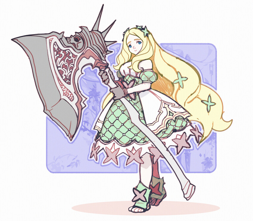 axe blonde_hair blue_eyes deadslug dress flowers_in_hair gloves hair_ornament hairband large_weapon long_hair looking_at_viewer original simple_background spikes toeless_legwear weapon